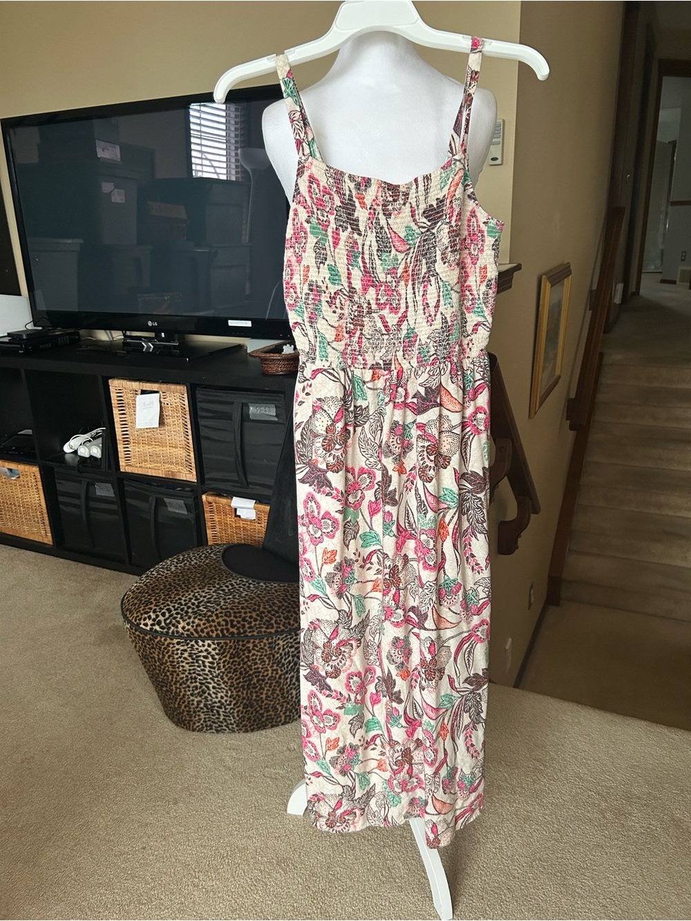 Old Navy Floral Smocked Maxi Dress - Cream, Pink & Green